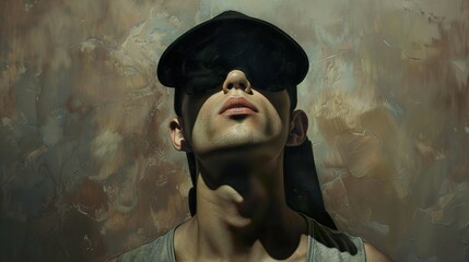 Wall Mural - A man in a black hat and sunglasses looking up at the sky with a serious expression on his face.