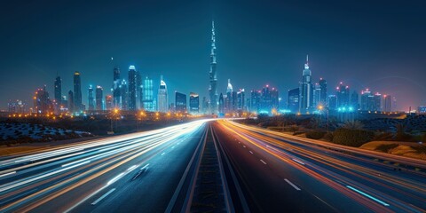 Poster - Night Cityscape: Dubai's Skyline with Traffic Trails