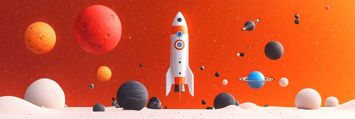 Poster - Futuristic Space Concept with Planets and Rocket Ship Design