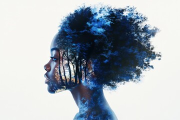 Sticker - Silhouette of a woman with a tree made of blue clouds symbolizing creativity imagination and the fusion of human thought with nature’s beauty