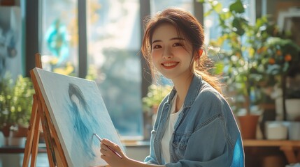 Young Asian woman painting in a sunlit living room, smiling with joy