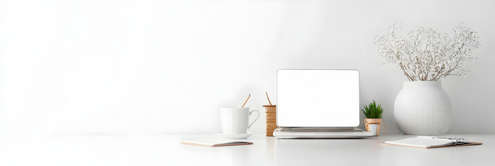 Poster - Streamlined Workspace with Laptop and Notepad on Open Desk