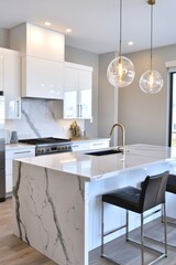 Wall Mural - A sleek kitchen with high-gloss white cabinets, stainless steel appliances, and a marble island, complemented by modern pendant lighting and an open layout