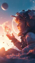 Poster - Young Adventurer Holding Glowing Crystal on Alien World in Sci Fi