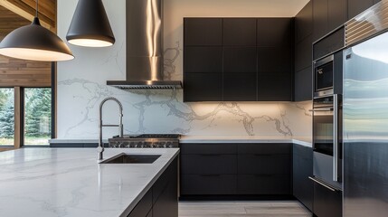 Wall Mural - A modern kitchen with black cabinetry, stainless steel appliances, and a marble backsplash, complemented by pendant lighting for a sleek and functional design