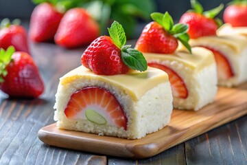 Hyper-realistic food photography of sushi-shaped cheesecake rolls topped with vibrant, fresh fruits, arranged artistically on a wooden plate