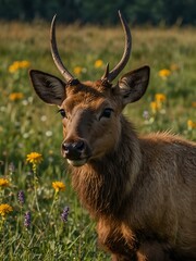 Wall Mural - Juvenile elk surprised while eating in a wildflower pasture at Elk and Bison Prairie, Golden, KY.