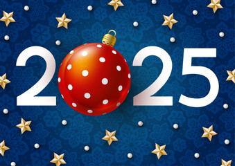 Wall Mural - New Year concept - 2025 numbers with Christmas ball and starry decor on blue snowflakes background for winter holidays design