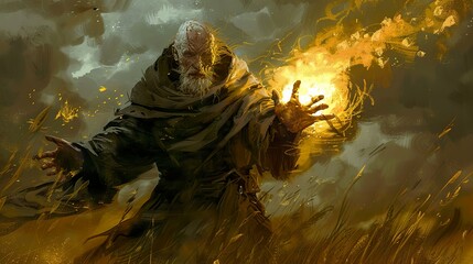 An old man with a long white beard, wearing a brown robe, stands in a field of tall grass and holds a ball of fire in his outstretched hand.