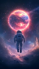 Poster - Astronaut Adrift in Surreal Cosmic Dreamscape of Vibrant Nebulae and Planets