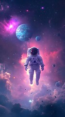 Poster - Astronaut Adrift in Surreal Cosmic Landscape with Vibrant Nebulae