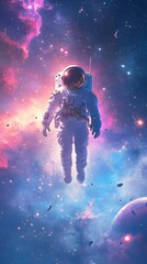 Poster - Astronaut Floating in Surreal Cosmic Landscape with Colorful Nebulae