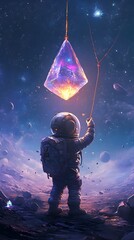 Poster - Boy Astronaut Holds Glowing Crystal on Alien Planet Sci Fi Adventure