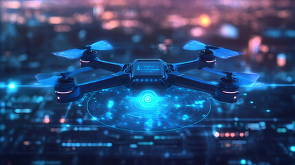 Wall Mural - Smart blue digital hologram drone with camera , ai in aerial surveillance systems, autonomous flight navigation, remote sensing technologies, and disaster response coordination. Drone. Illustration