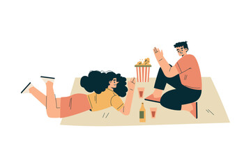 Wall Mural - Man and Woman at Musical Festival Sit on Blanket Have Picnic and Rest Vector Illustration