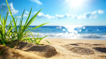 Wall Mural - a vibrant beach scene featuring soft sand, gentle waves, and lush grass basking under the brilliant 