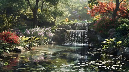 Poster - A water feature in a landscape packed with beautiful blossoms and greenery