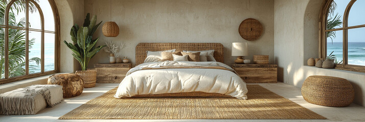 Wall Mural - Cozy bedroom with a woven bed frame, natural textures, and a view of the ocean.