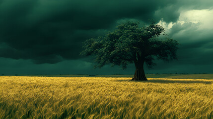 Poster - Dramatic Stormy Sky Over Wheat Field with Lone Tree, Nature Background, Rural Landscape