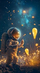 Poster - Curious Astronaut Discovers Glowing Alien Life Forms on Distant Planet