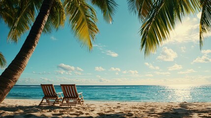 Wall Mural - serene beach scene with palm trees and lounge chairs under a clear blue sky, perfect for relaxation 