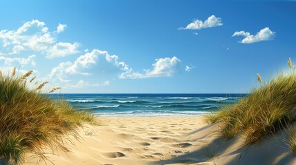 Wall Mural - serene beach view with soft sand, lush grass, and a vibrant blue sky filled with fluffy clouds, invi