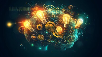 Aufkleber - An abstract representation of a brain with interconnected gears and light bulbs, visually illustrating the complexity and flow of innovative ideas.