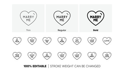 Aufkleber - Sweetheart for valentines day, love heart, romantic message. Sweet heart line icons. Marry me, kiss me, one love icons. Valentine flirt, dating message. Linear set. Line icons set. Vector