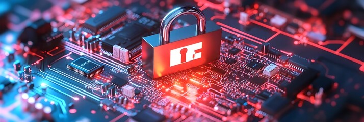Poster - Cybersecurity Digital Concept with Locked Padlock and Circuit Lines