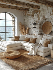 Cozy living room with a large sectional sofa, a woven rug, and a view of the ocean.