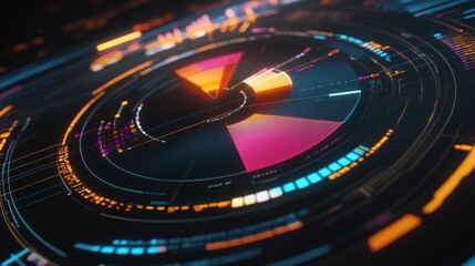 Aufkleber - An animated 3D pie chart with segments rotating to display different data points, set against a tech-savvy digital screen background to emphasize interactivity.