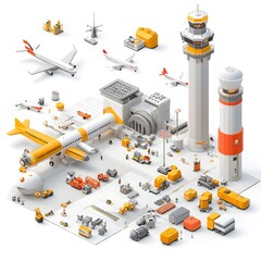 Poster - Detailed Isometric View of a Bustling Airport Terminal Complex