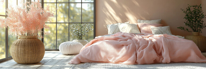 Poster - Pink bedding and a wicker basket full of flowers create a relaxing atmosphere in this bedroom.