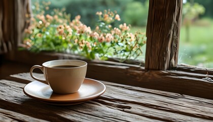 Wall Mural - Serene morning retreat with rustic wooden table and coffee mug, basking in vintage aesthetics by the window