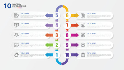 Wall Mural - Modern infographic with 10 steps and business icons for presentation.