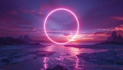 Poster - Surreal Landscape with Neon Circle