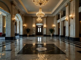 Wall Mural - Luxurious hotel lobby with marble floor, columns, and grand chandelier.