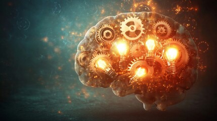 An artistic representation of a brain with interconnected gears and light bulbs, illustrating the complex and creative nature of generating innovative concepts.