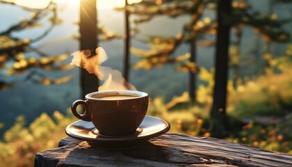 Serene morning coffee experience in nature with breathtaking mountain views and aromatic espresso bliss