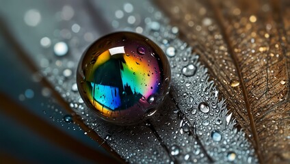 Wall Mural - Magnified view of a water droplet on a feather with iridescent reflections.