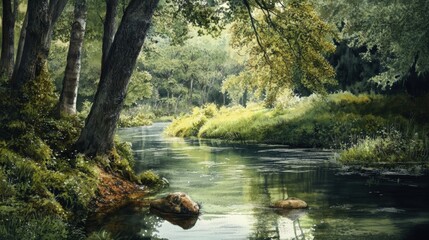 Forest stream flows through lush greenery.