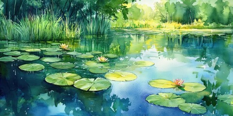 Wall Mural - Water lilies float on a pond surrounded by trees.