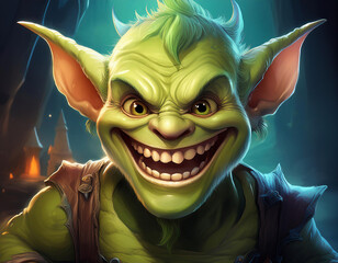 Fantasy illustration of a green monster with a smile and teeth.