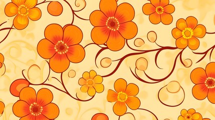 Wall Mural - Flowers, Florals, Leaves, Shapes, Waves, Fruits, Yellow and Orange, Abstract Image, Texture, Pattern Background, Wallpaper, Cover and Screen for Smartphone, PC, Laptop, 9:16 and 16:9 Format