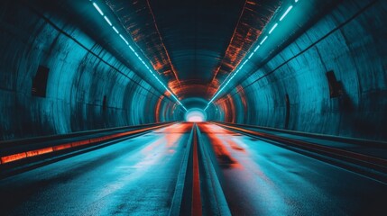 An artistic shot of an expressway tunnel entrance, with bright headlights illuminating the entrance and creating a dramatic perspective on the road.