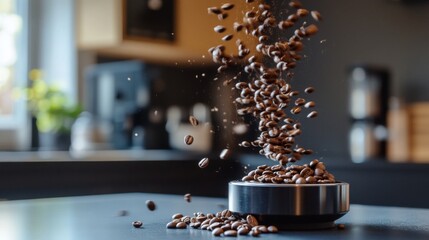 Poster - An artistic shot of coffee beans being poured into a grinder, captured mid-motion with the beans frozen in the air, contrasting against a modern kitchen backdrop.