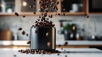 Poster - An artistic shot of coffee beans being poured into a grinder, captured mid-motion with the beans frozen in the air, contrasting against a modern kitchen backdrop.