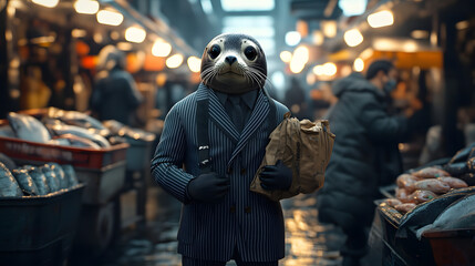 Photorealistic seal in pinstripe suit walking through fish market.