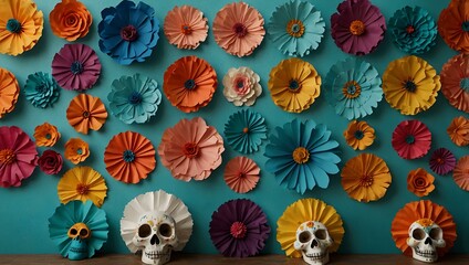 Wall Mural - Mexican paper flowers over a turquoise wall for Dia de los Muertos.