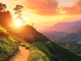 Canvas Print - Beautiful mountains forest at sunset, panorama, drone camera  view 